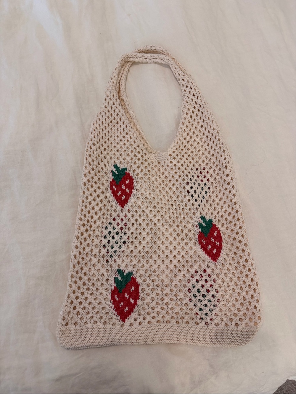 Cream Strawberry Knit Market Tote Bag